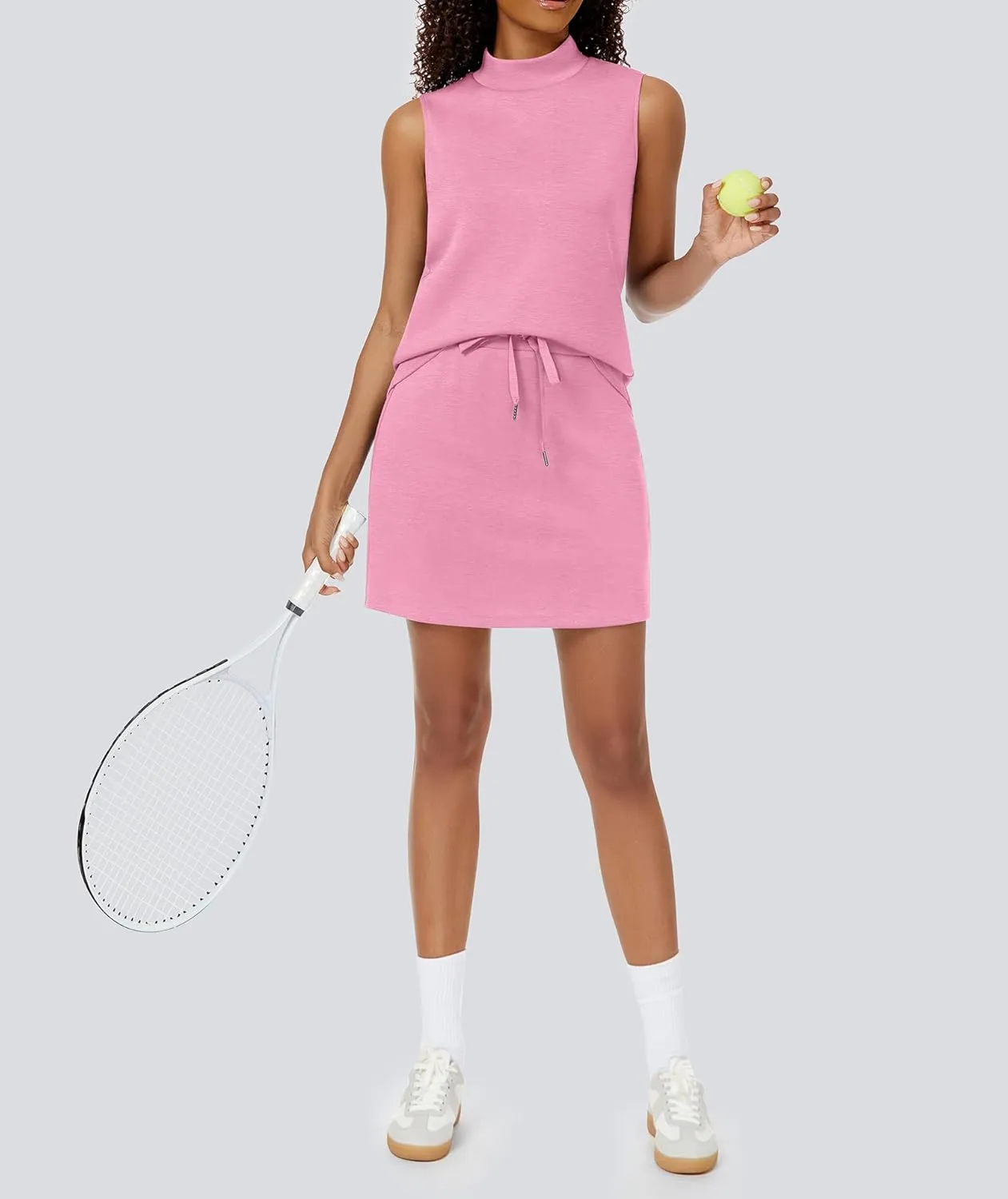 Two Piece Skirt Set for Women Sweatsuits Tennis Outfits Casual Mock Neck Sleeveless Top Elastic Short Skorts
