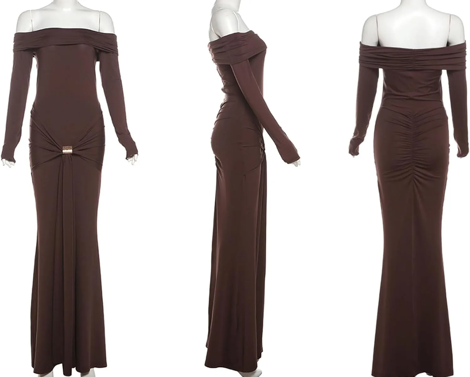 Unybwonn Sexy Off Shoulder Maxi Dress for Women Bodycon Stretchy Long Sleeve Wrap Dresses Party Cocktail Mesh Dresses