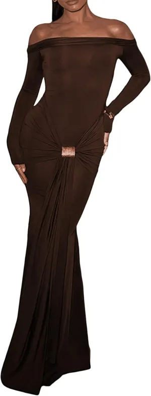 Unybwonn Sexy Off Shoulder Maxi Dress for Women Bodycon Stretchy Long Sleeve Wrap Dresses Party Cocktail Mesh Dresses