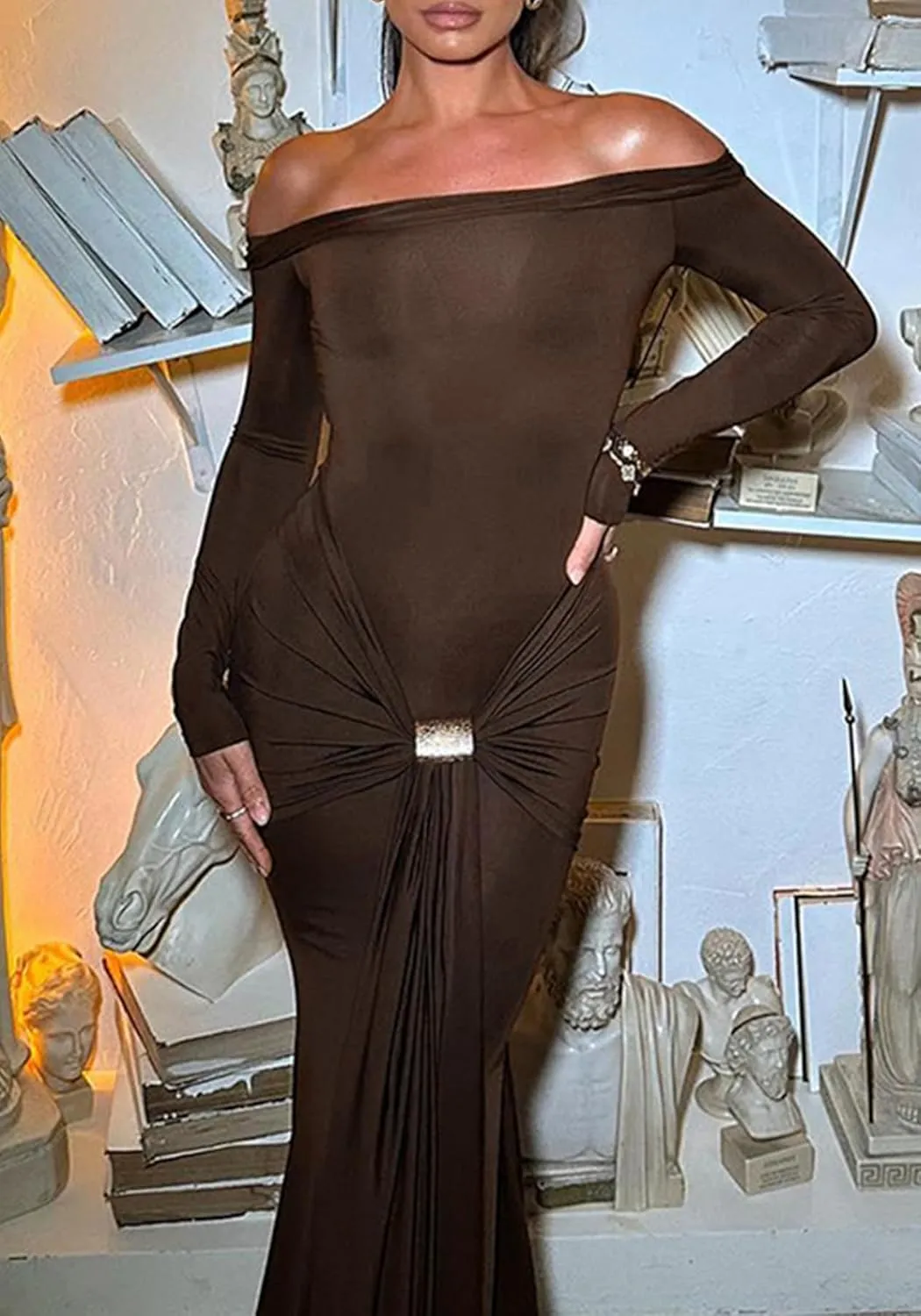 Unybwonn Sexy Off Shoulder Maxi Dress for Women Bodycon Stretchy Long Sleeve Wrap Dresses Party Cocktail Mesh Dresses