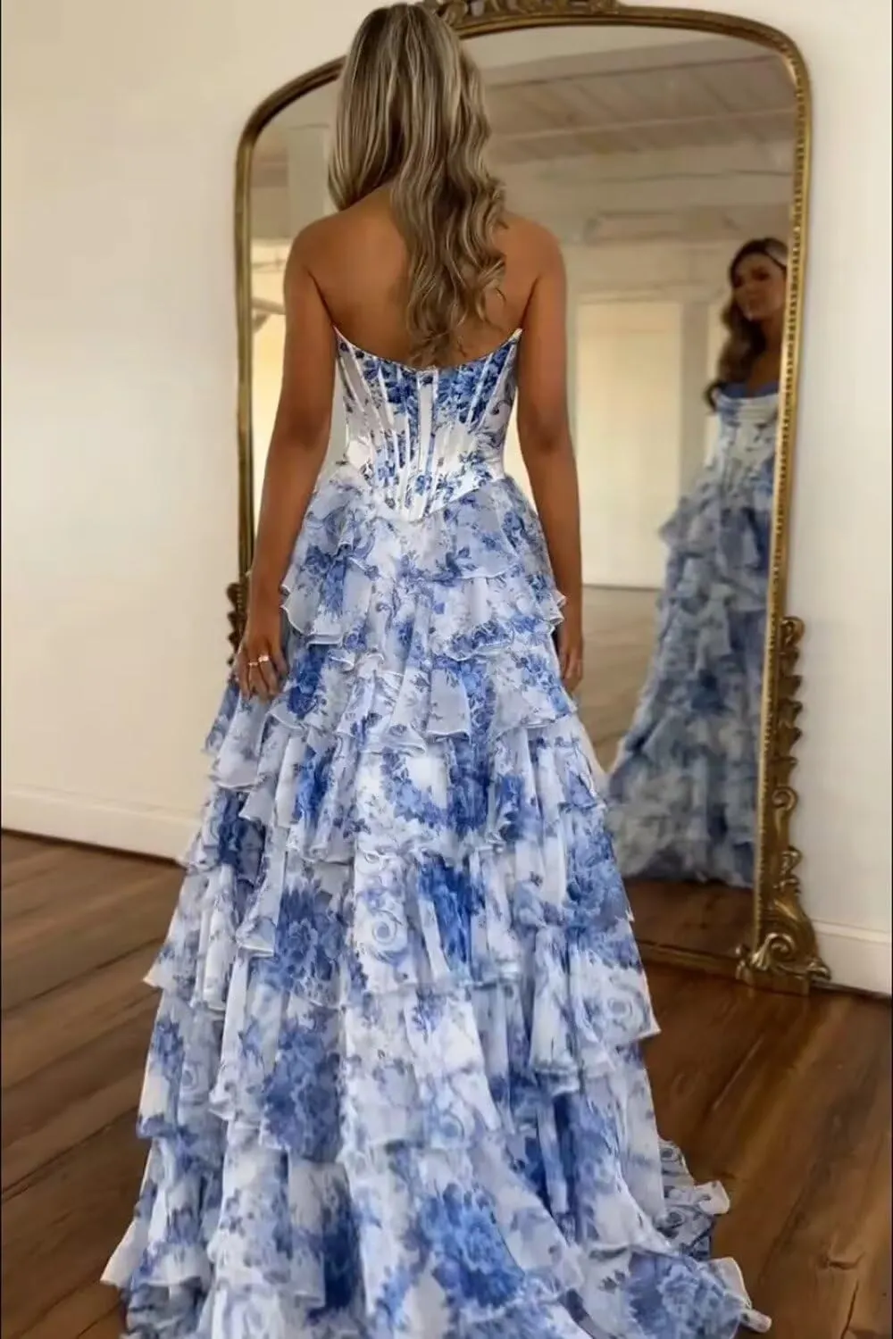 UZN Floral Print Tiered Prom Dresses 2025 with Slit Long Strapless Corset Formal Evening Party Gowns