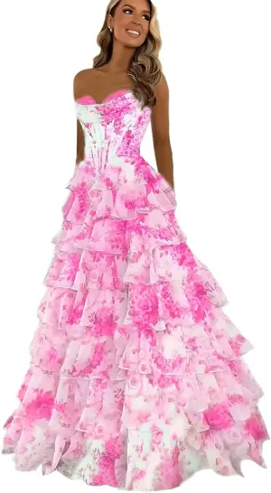 UZN Floral Print Tiered Prom Dresses 2025 with Slit Long Strapless Corset Formal Evening Party Gowns