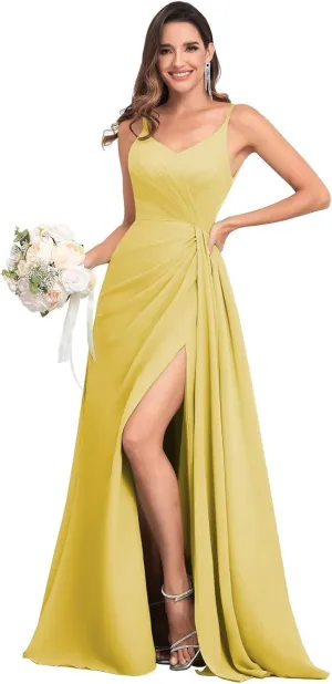 V Neck Chiffon Bridesmaid Dresses for Women A Line Pleated Ruffle Formal Evening Dresses with Slit