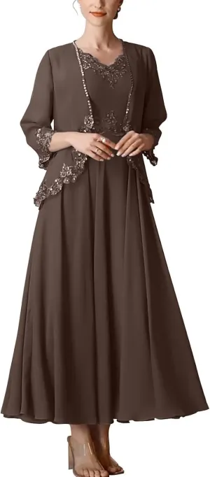 V Neck Mother of The Bride Dresses for Women Chiffon 2 Pieces Formal Evening Gowns Lace Appliques