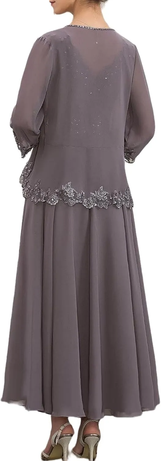 V Neck Mother of The Bride Dresses for Women Chiffon 2 Pieces Formal Evening Gowns Lace Appliques