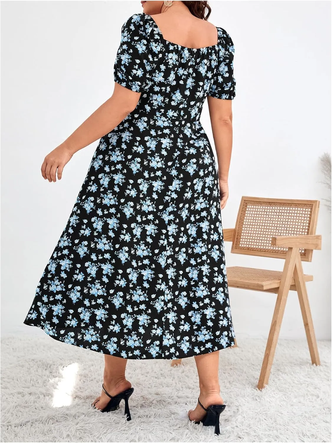 Verdusa Women's Plus Size Floral Split Midi Dresses Bow Square Neck Puff Sleeve Vacation Dress