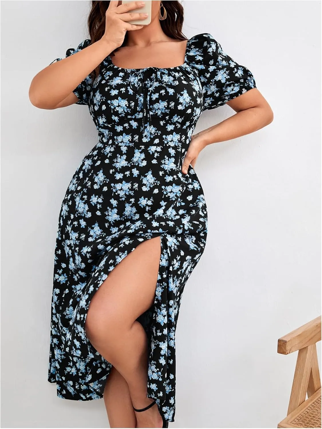 Verdusa Women's Plus Size Floral Split Midi Dresses Bow Square Neck Puff Sleeve Vacation Dress