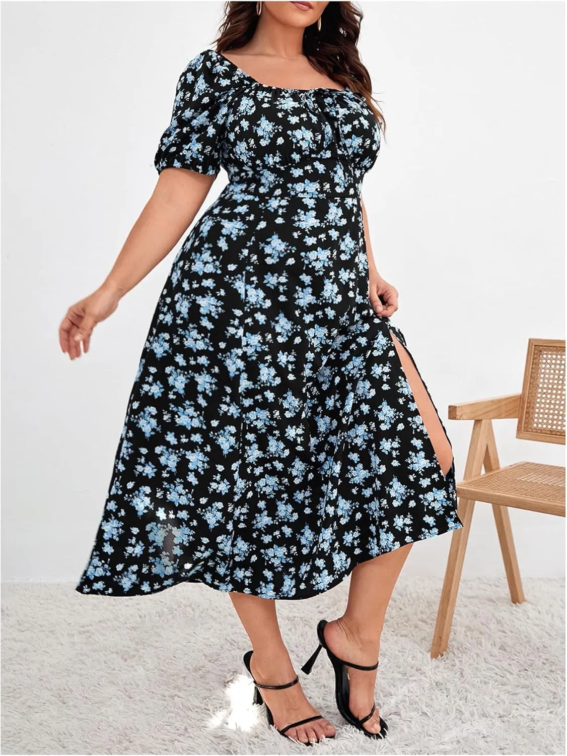 Verdusa Women's Plus Size Floral Split Midi Dresses Bow Square Neck Puff Sleeve Vacation Dress