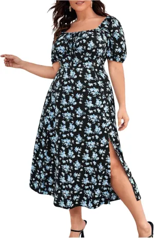 Verdusa Women's Plus Size Floral Split Midi Dresses Bow Square Neck Puff Sleeve Vacation Dress