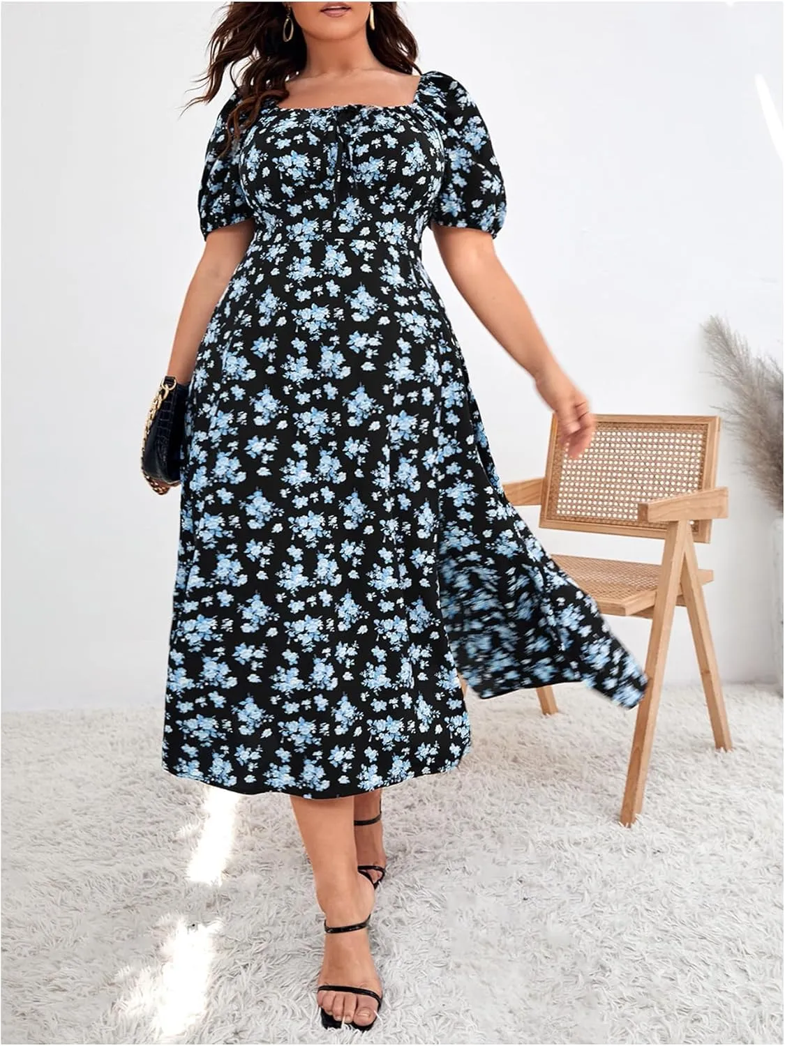 Verdusa Women's Plus Size Floral Split Midi Dresses Bow Square Neck Puff Sleeve Vacation Dress