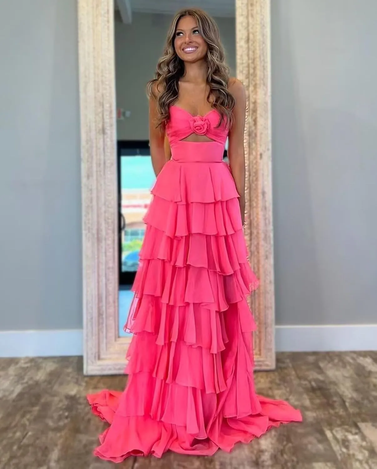 VOfuter Tiered Chiffon Prom Dress 3D Flower Strapless Evening Gown with Side Slit Women Cake Wedding Party Dresses