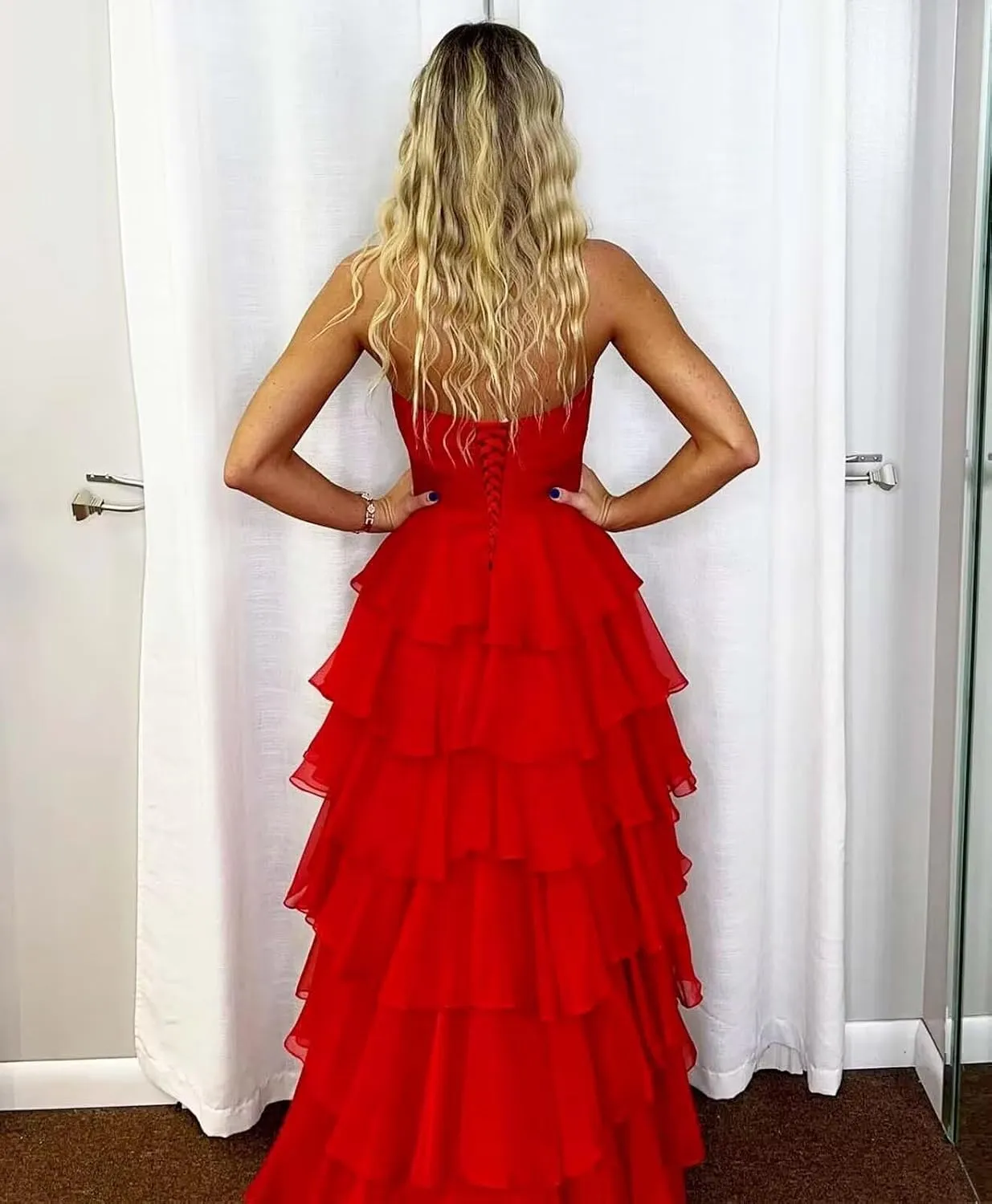 VOfuter Tiered Chiffon Prom Dress 3D Flower Strapless Evening Gown with Side Slit Women Cake Wedding Party Dresses