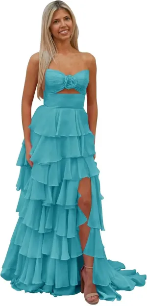 VOfuter Tiered Chiffon Prom Dress 3D Flower Strapless Evening Gown with Side Slit Women Cake Wedding Party Dresses