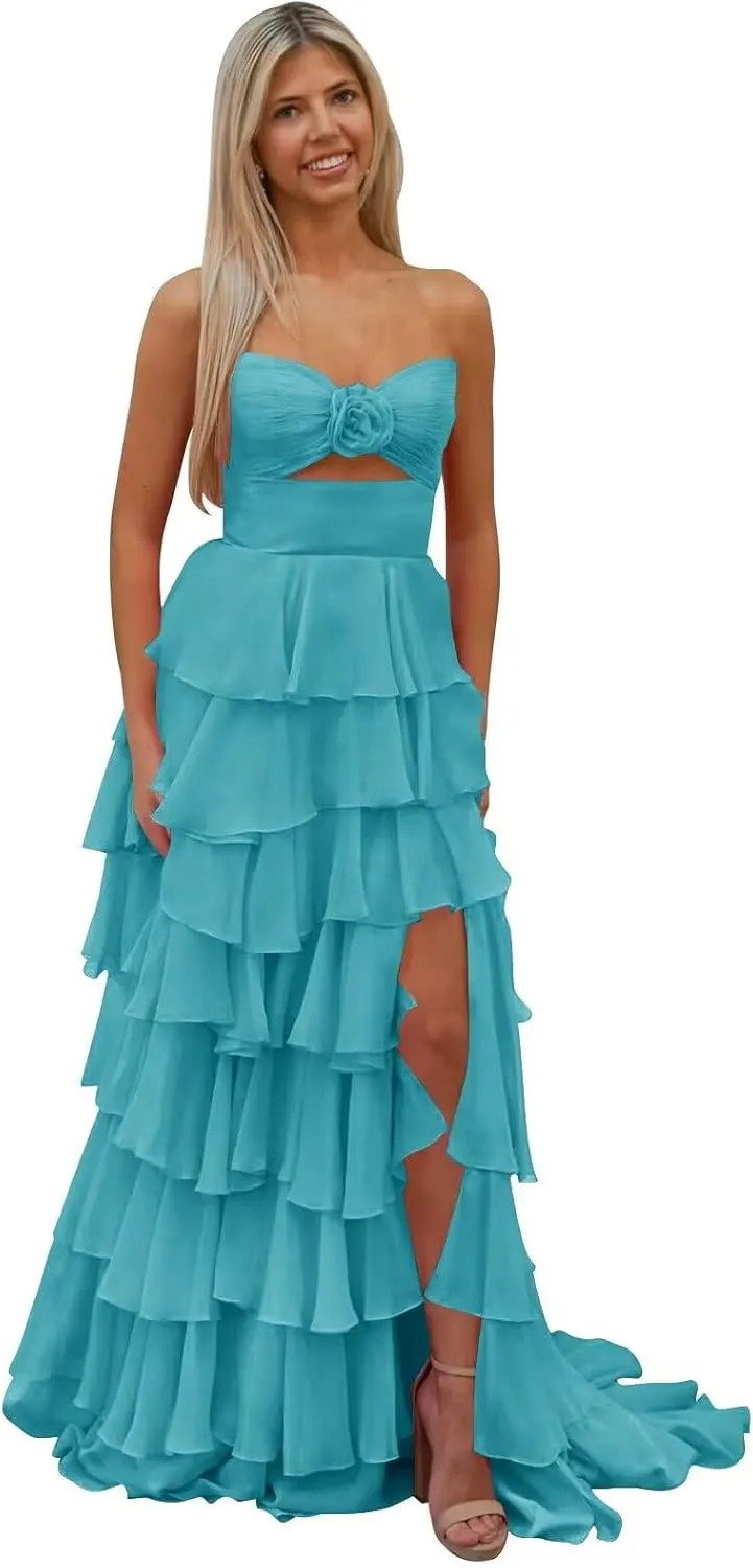 VOfuter Tiered Chiffon Prom Dress 3D Flower Strapless Evening Gown with Side Slit Women Cake Wedding Party Dresses