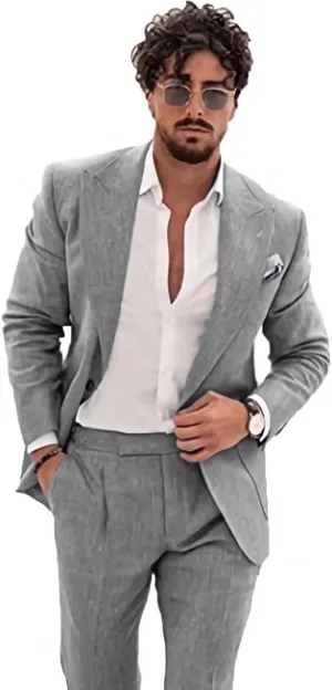 Wangyue Linen Suit for Men Casual Slim Fit Vintage Suits Groomsmen Suits Wedding Summer Beach Blazer Pants Set