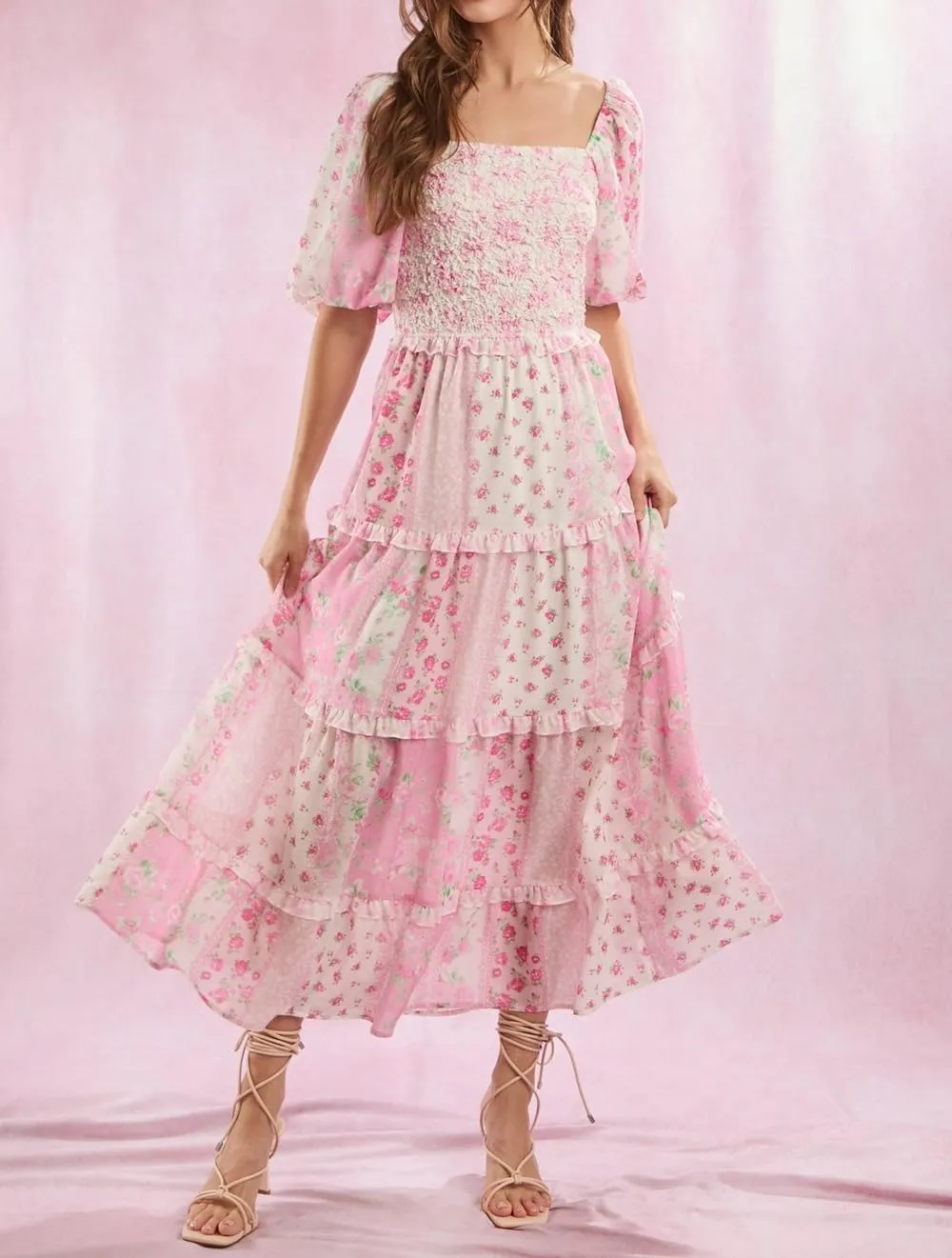 Woman Floral Puff Sleeve Maxi Dress Square Neck Ruffle Flowy Long Dresses Bohemian Tiered Summer Sundress