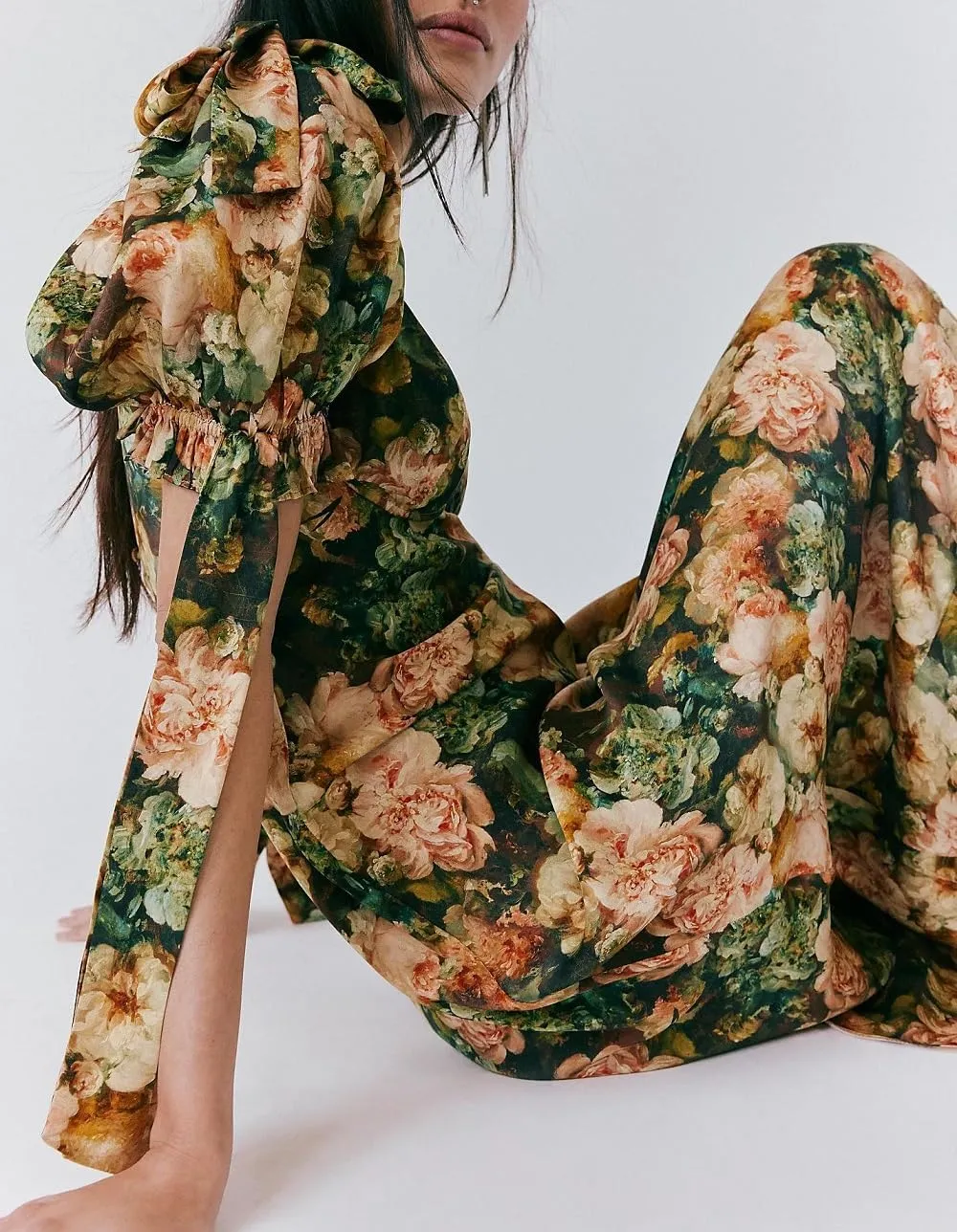 Woman Floral Puff Sleeve Maxi Dress Square Neck Ruffle Flowy Long Dresses Bohemian Tiered Summer Sundress