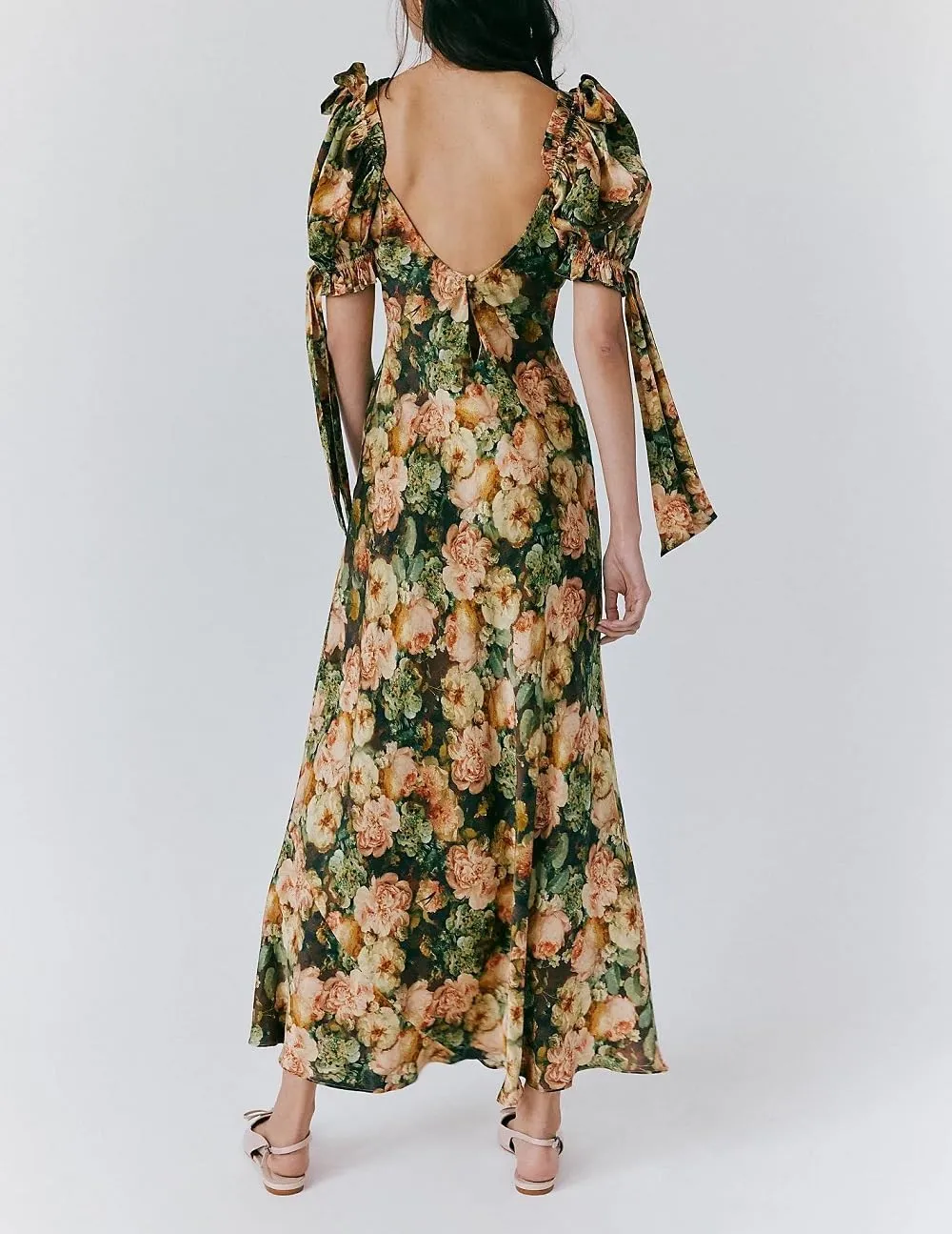 Woman Floral Puff Sleeve Maxi Dress Square Neck Ruffle Flowy Long Dresses Bohemian Tiered Summer Sundress