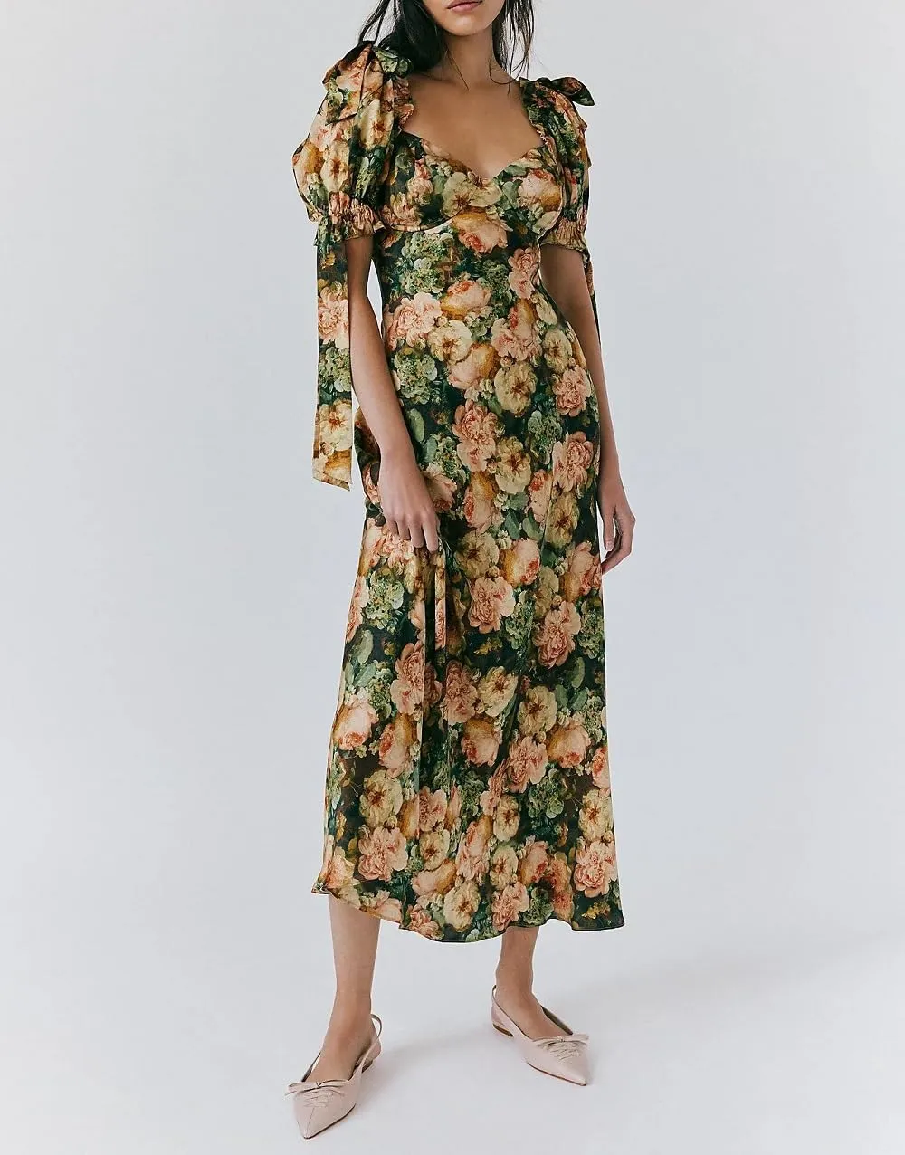 Woman Floral Puff Sleeve Maxi Dress Square Neck Ruffle Flowy Long Dresses Bohemian Tiered Summer Sundress