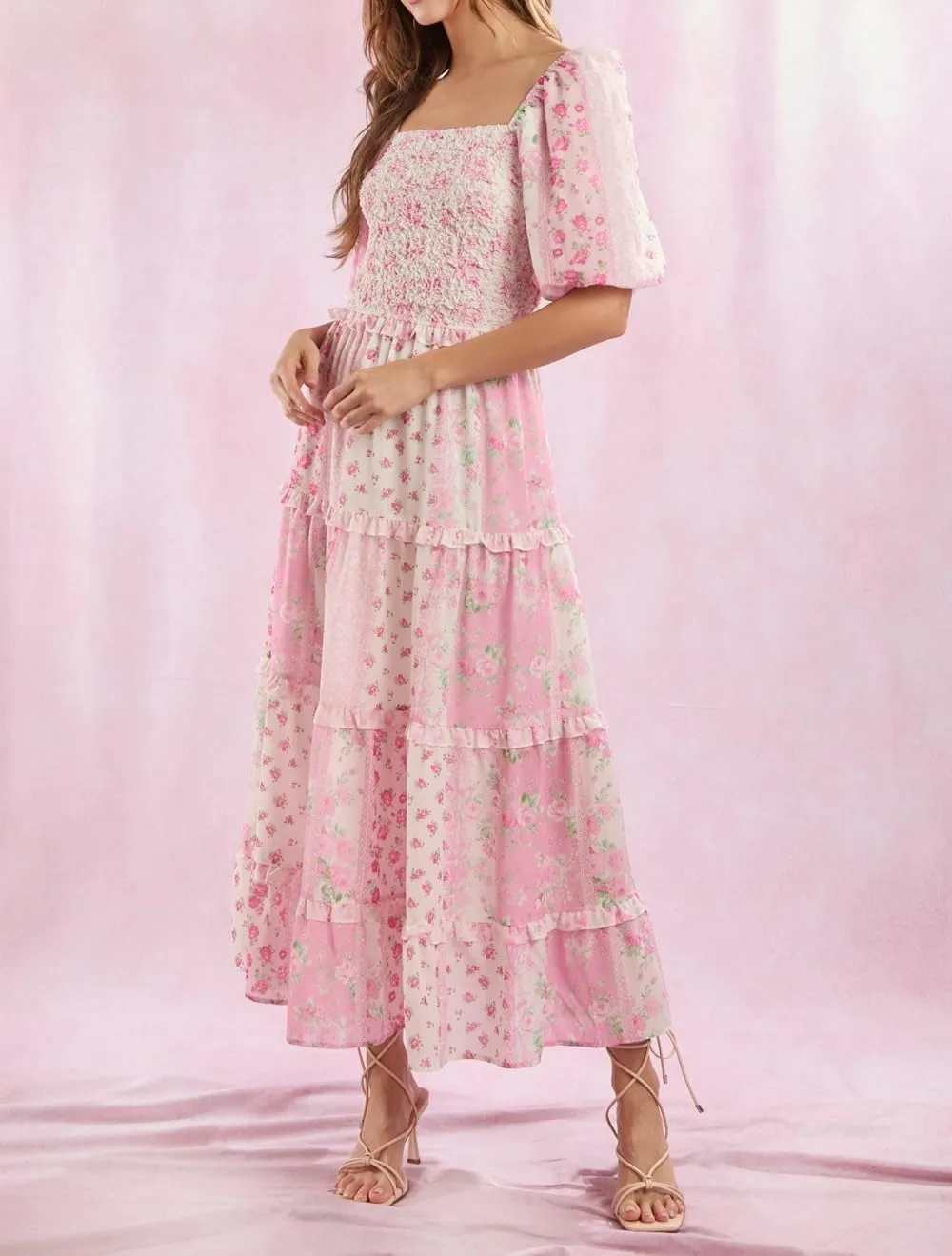 Woman Floral Puff Sleeve Maxi Dress Square Neck Ruffle Flowy Long Dresses Bohemian Tiered Summer Sundress