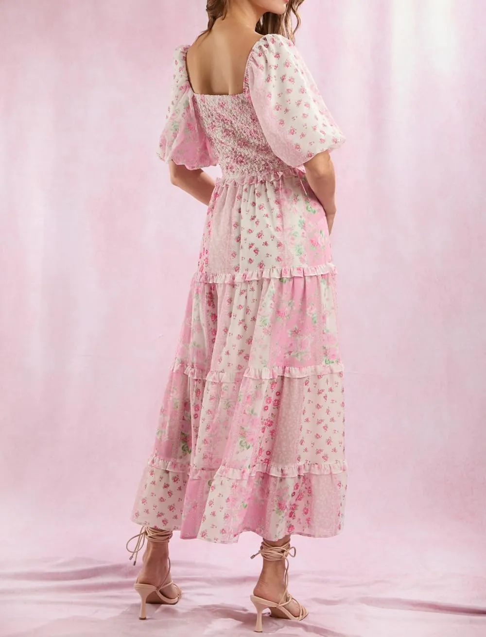Woman Floral Puff Sleeve Maxi Dress Square Neck Ruffle Flowy Long Dresses Bohemian Tiered Summer Sundress