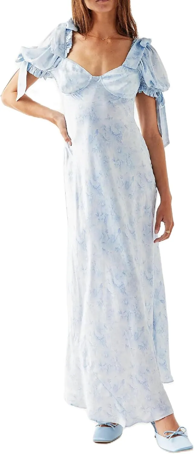 Woman Floral Puff Sleeve Maxi Dress Square Neck Ruffle Flowy Long Dresses Bohemian Tiered Summer Sundress