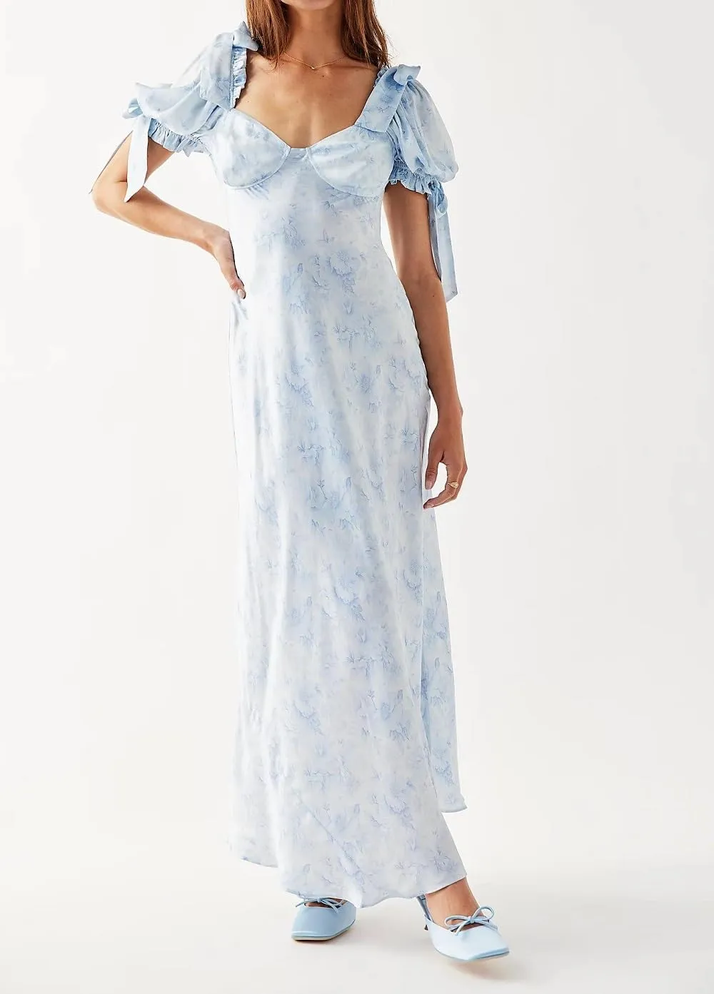 Woman Floral Puff Sleeve Maxi Dress Square Neck Ruffle Flowy Long Dresses Bohemian Tiered Summer Sundress