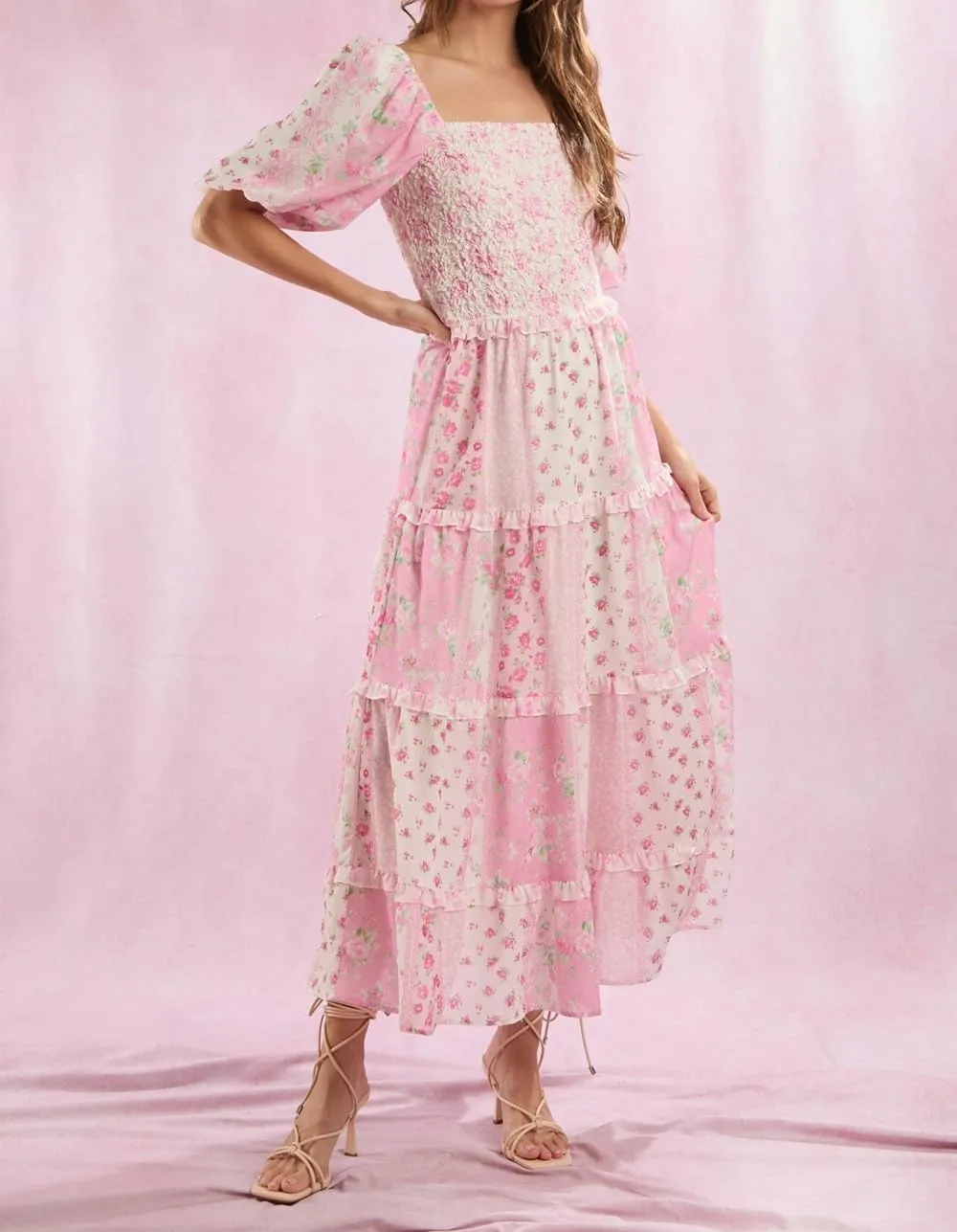 Woman Floral Puff Sleeve Maxi Dress Square Neck Ruffle Flowy Long Dresses Bohemian Tiered Summer Sundress