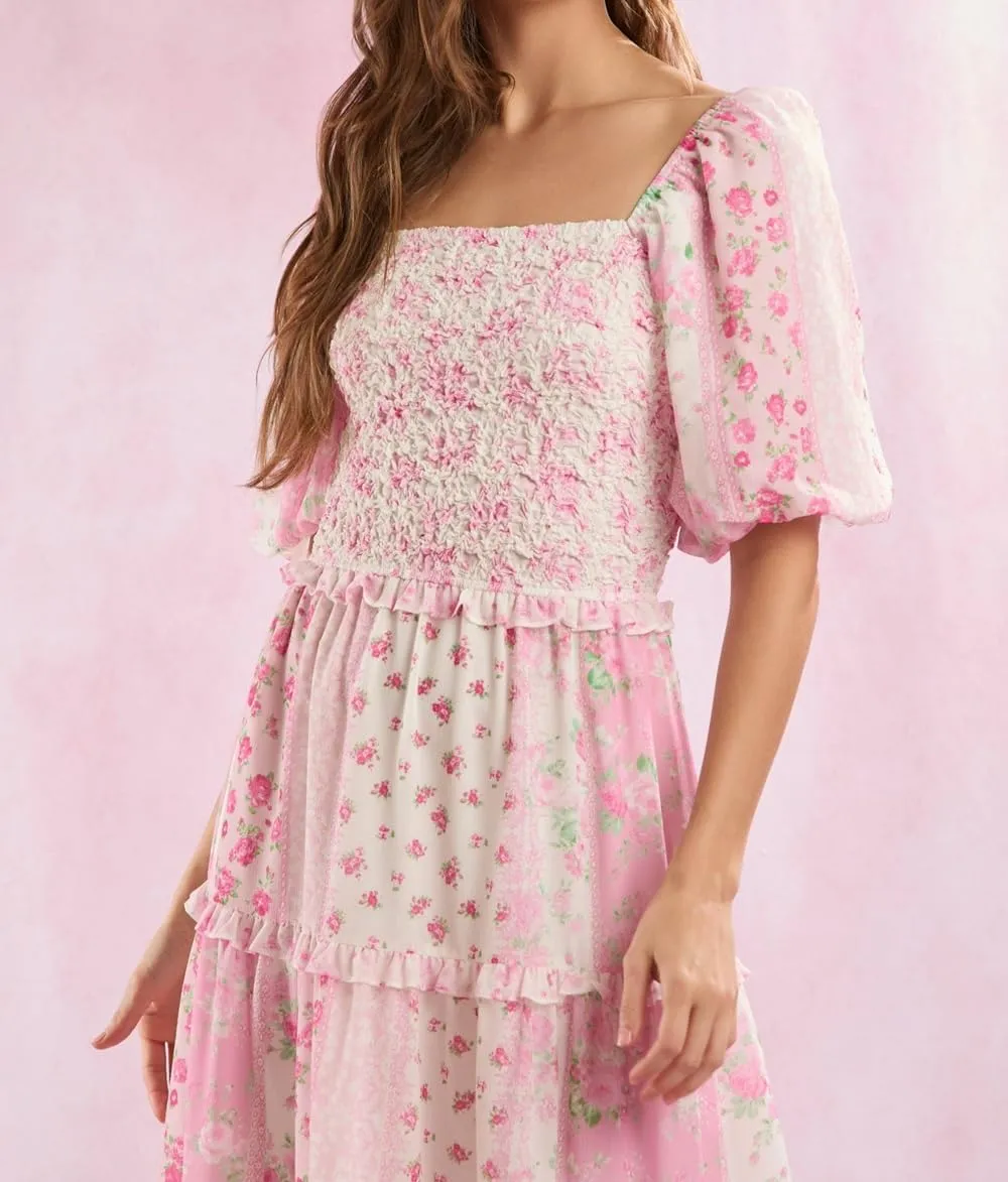 Woman Floral Puff Sleeve Maxi Dress Square Neck Ruffle Flowy Long Dresses Bohemian Tiered Summer Sundress