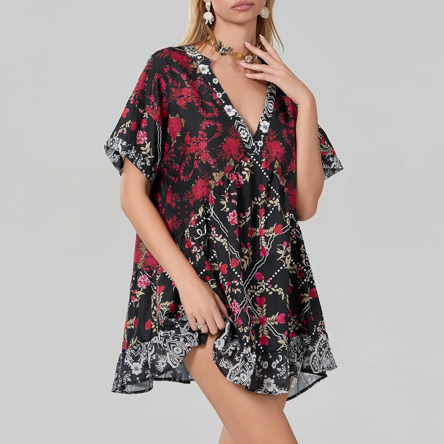 Women Bohemian Floral Mini Dress V Neck Boho Sundress Short Sleeve Flowy Babydoll Dress Summer Beach Dress