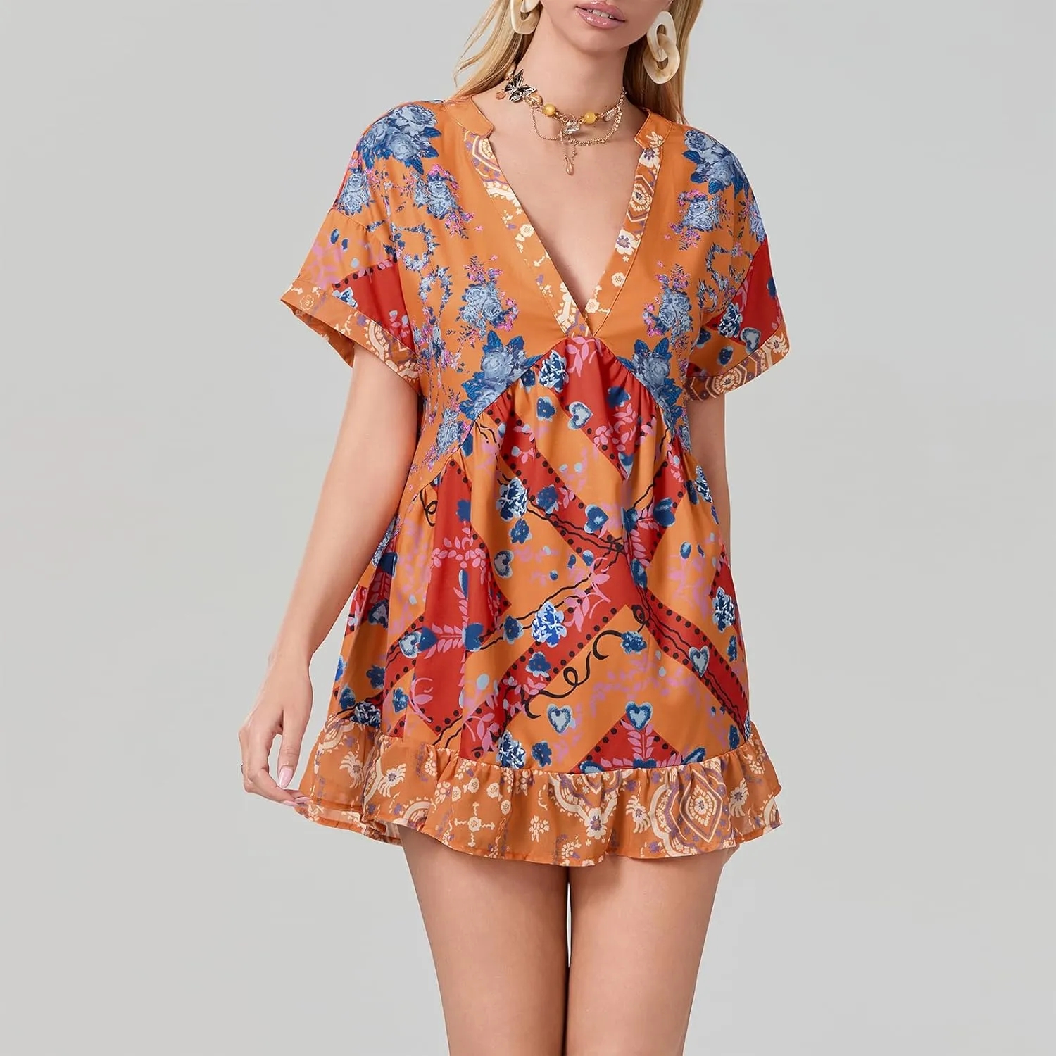Women Bohemian Floral Mini Dress V Neck Boho Sundress Short Sleeve Flowy Babydoll Dress Summer Beach Dress