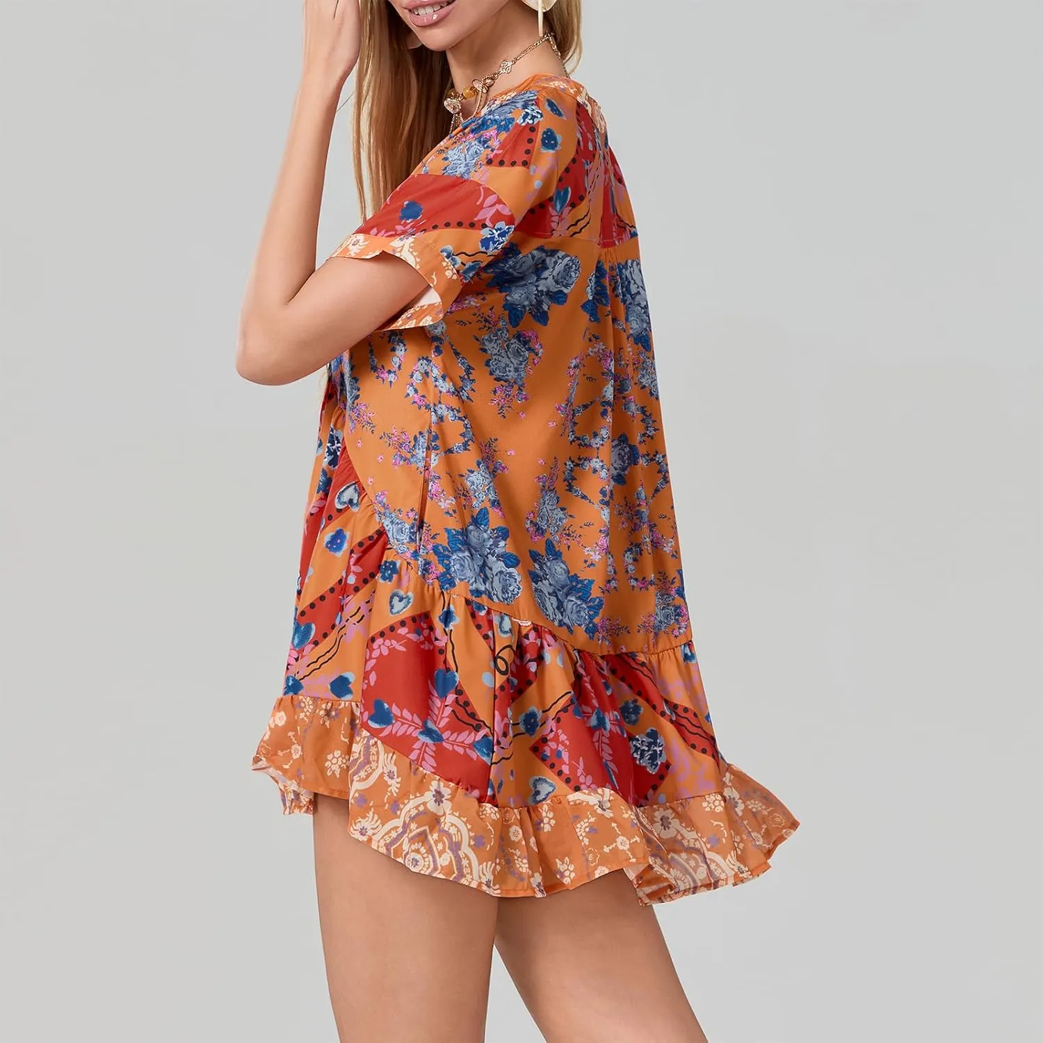 Women Bohemian Floral Mini Dress V Neck Boho Sundress Short Sleeve Flowy Babydoll Dress Summer Beach Dress