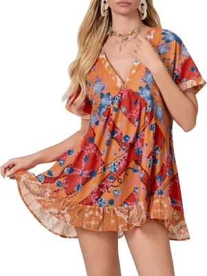 Women Bohemian Floral Mini Dress V Neck Boho Sundress Short Sleeve Flowy Babydoll Dress Summer Beach Dress