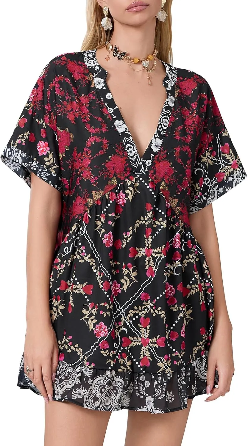 Women Bohemian Floral Mini Dress V Neck Boho Sundress Short Sleeve Flowy Babydoll Dress Summer Beach Dress