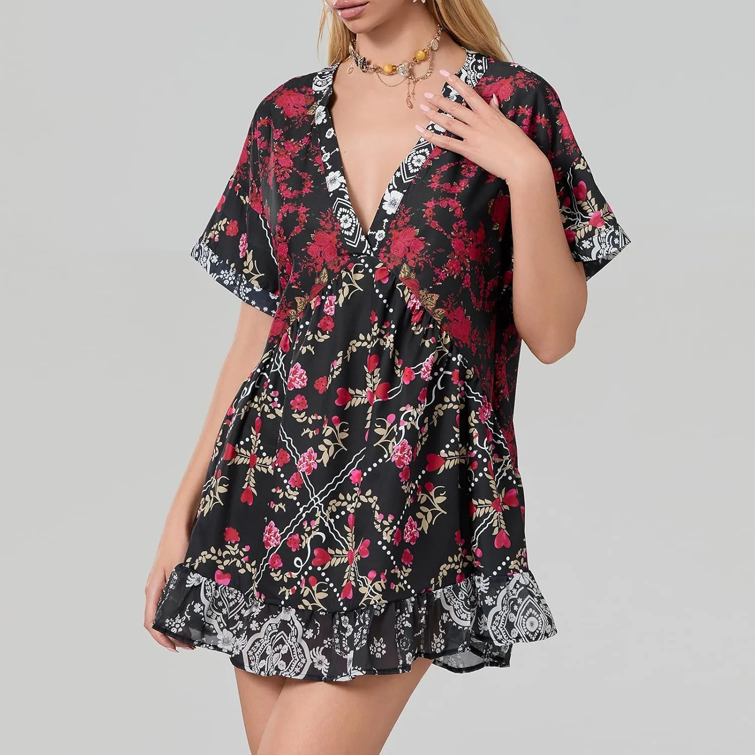 Women Bohemian Floral Mini Dress V Neck Boho Sundress Short Sleeve Flowy Babydoll Dress Summer Beach Dress