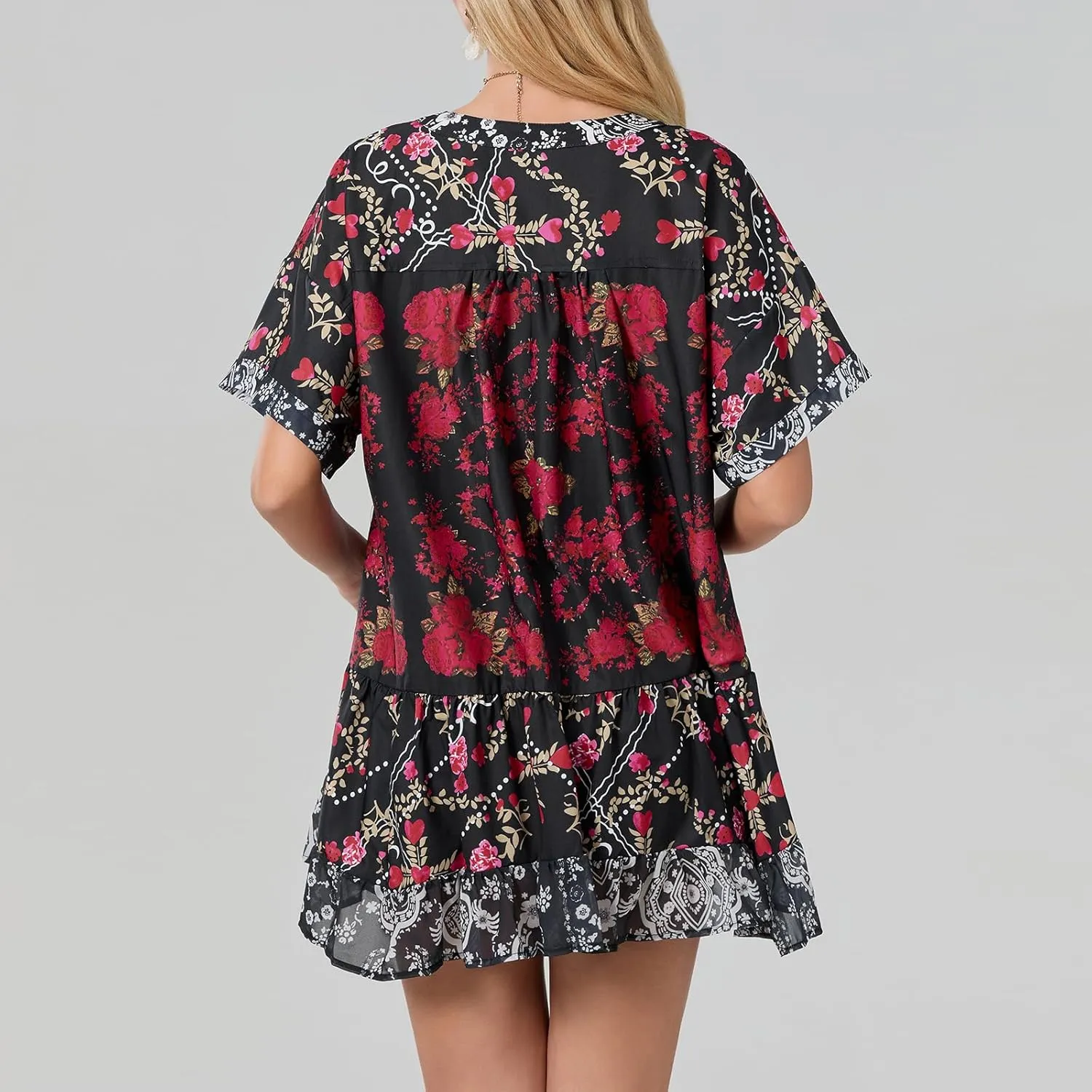 Women Bohemian Floral Mini Dress V Neck Boho Sundress Short Sleeve Flowy Babydoll Dress Summer Beach Dress