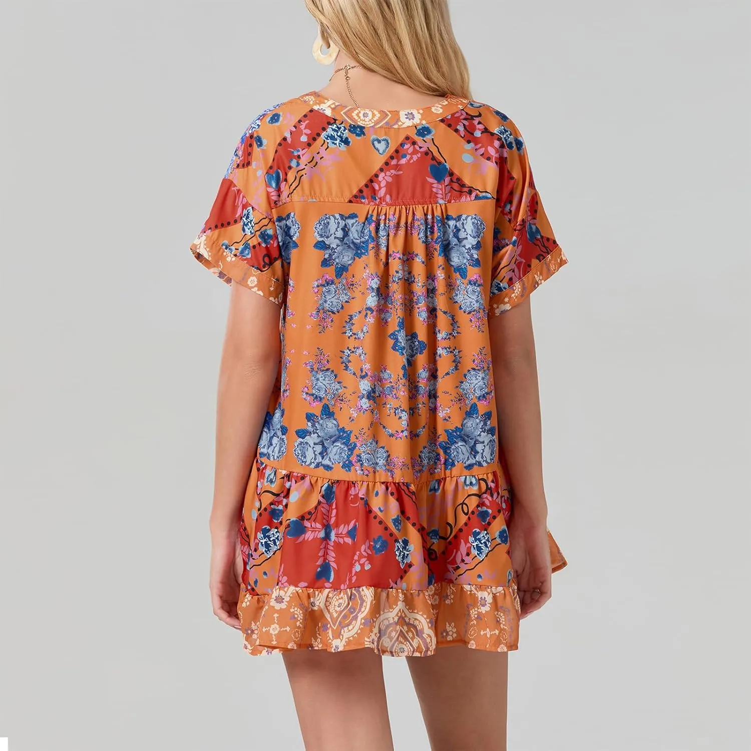 Women Bohemian Floral Mini Dress V Neck Boho Sundress Short Sleeve Flowy Babydoll Dress Summer Beach Dress