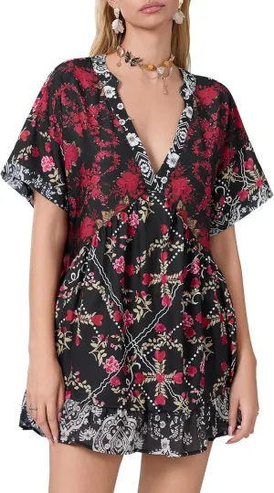 Women Bohemian Floral Mini Dress V Neck Boho Sundress Short Sleeve Flowy Babydoll Dress Summer Beach Dress