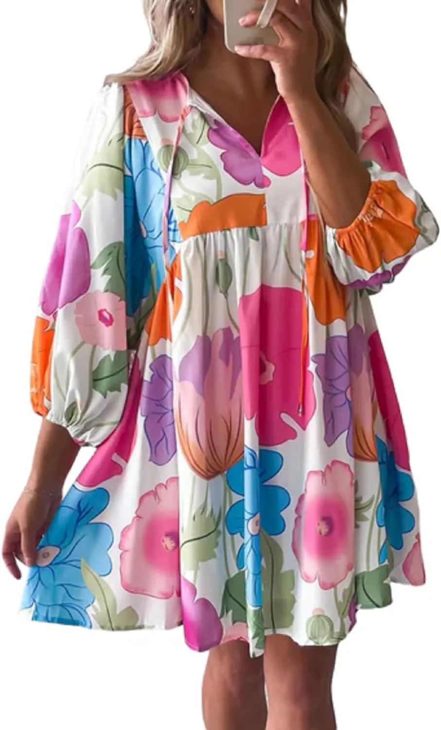 Women Bohemian Floral Short Dress Puff Sleeve Flowy Babydoll Dress Boho Loose Fit Shirt Dress Summer Mini Sundress