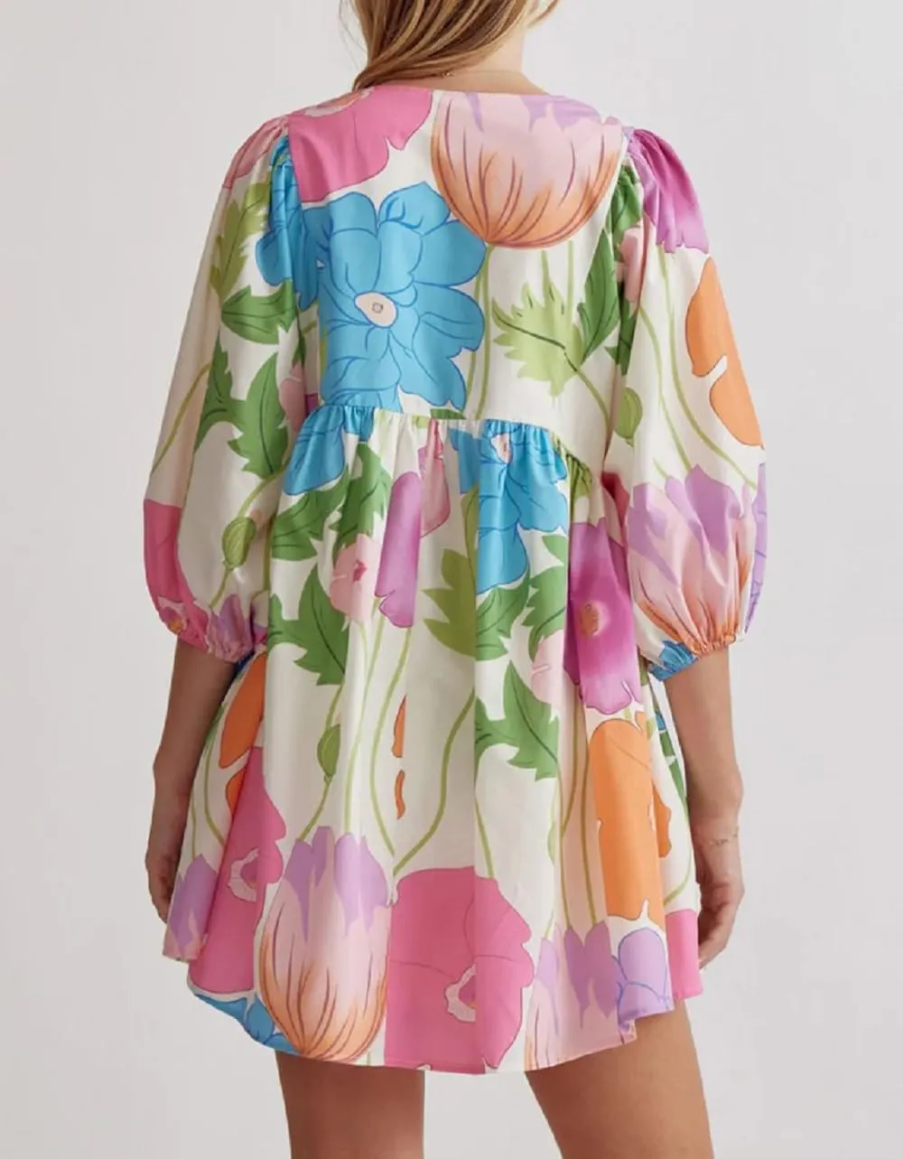 Women Bohemian Floral Short Dress Puff Sleeve Flowy Babydoll Dress Boho Loose Fit Shirt Dress Summer Mini Sundress