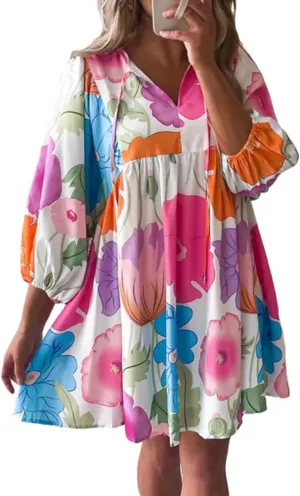 Women Bohemian Floral Short Dress Puff Sleeve Flowy Babydoll Dress Boho Loose Fit Shirt Dress Summer Mini Sundress