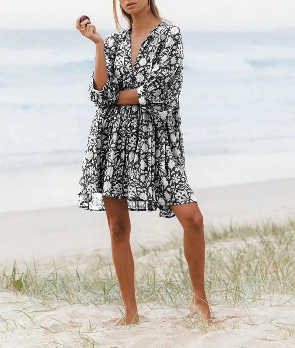 Women Bohemian Floral Short Dress Puff Sleeve Flowy Babydoll Dress Boho Loose Fit Shirt Dress Summer Mini Sundress