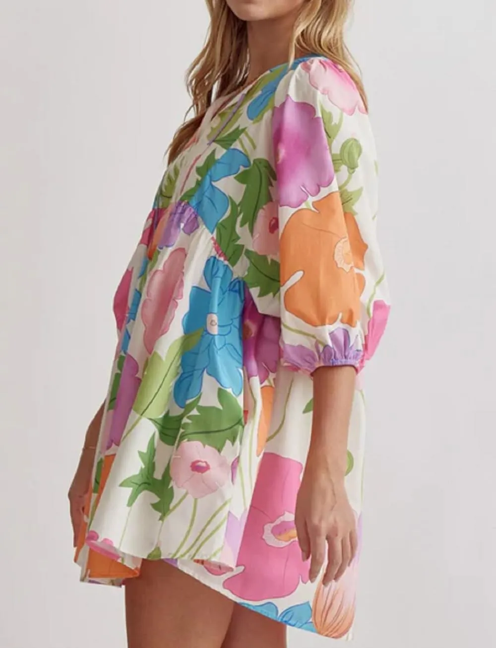 Women Bohemian Floral Short Dress Puff Sleeve Flowy Babydoll Dress Boho Loose Fit Shirt Dress Summer Mini Sundress