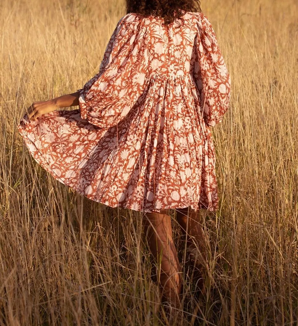 Women Bohemian Floral Short Dress Puff Sleeve Flowy Babydoll Dress Boho Loose Fit Shirt Dress Summer Mini Sundress