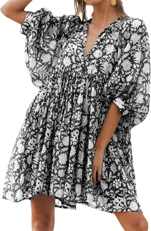 Women Bohemian Floral Short Dress Puff Sleeve Flowy Babydoll Dress Boho Loose Fit Shirt Dress Summer Mini Sundress