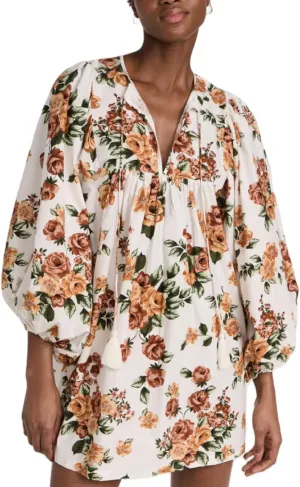 Women Bohemian Floral Short Dress Puff Sleeve Flowy Babydoll Dress Boho Loose Fit Shirt Dress Summer Mini Sundress