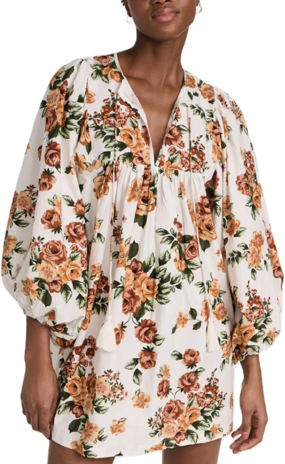 Women Bohemian Floral Short Dress Puff Sleeve Flowy Babydoll Dress Boho Loose Fit Shirt Dress Summer Mini Sundress