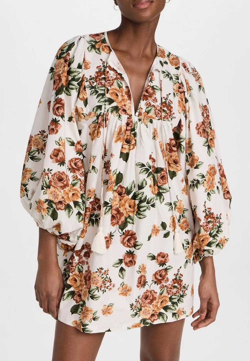 Women Bohemian Floral Short Dress Puff Sleeve Flowy Babydoll Dress Boho Loose Fit Shirt Dress Summer Mini Sundress