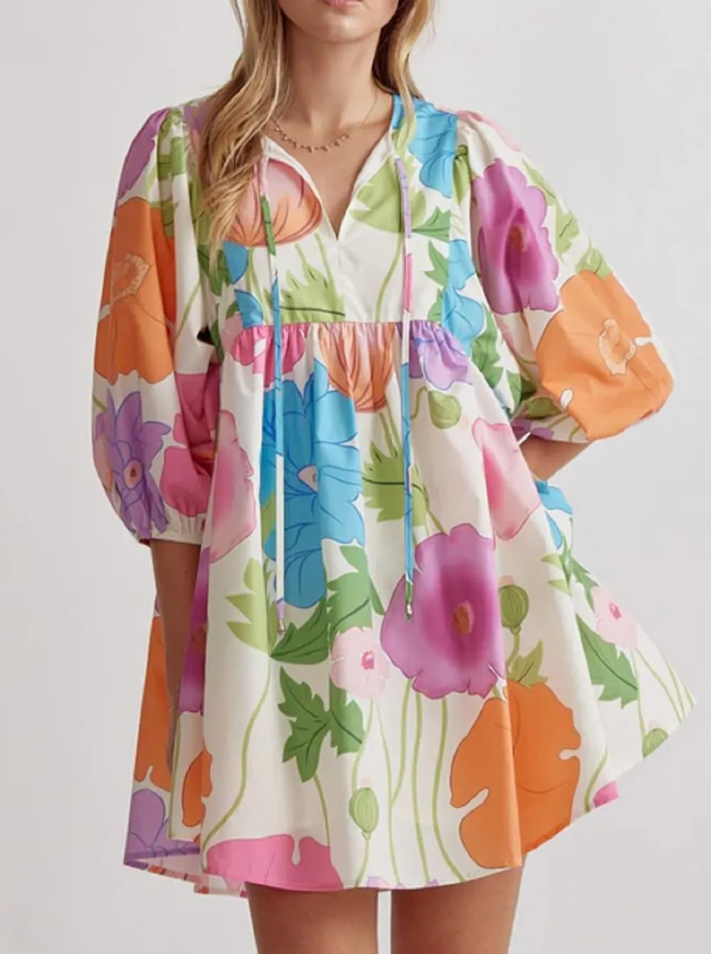 Women Bohemian Floral Short Dress Puff Sleeve Flowy Babydoll Dress Boho Loose Fit Shirt Dress Summer Mini Sundress