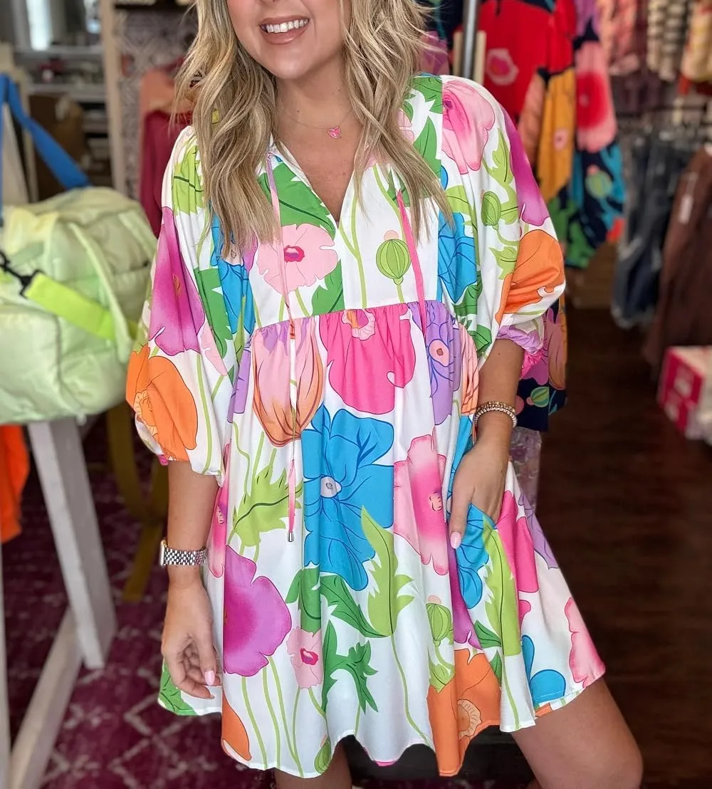 Women Bohemian Floral Short Dress Puff Sleeve Flowy Babydoll Dress Boho Loose Fit Shirt Dress Summer Mini Sundress
